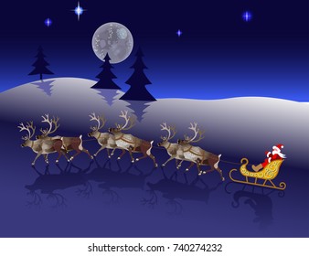 Santa in his christmas sled being pulled by reindeer. Vector illustration