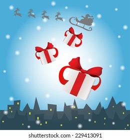 Santa in his Christmas sled or sleigh, delivering his Christmas gifts to everyone