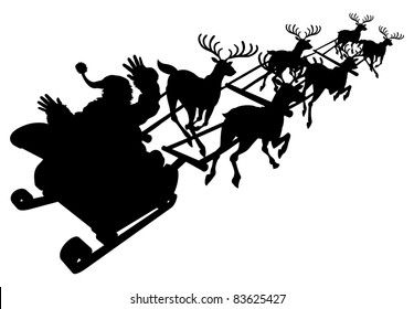 Santa In His Christmas Sled Or Sleigh In Silhouette