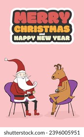 Santa y su ciervo bebiendo café juntos