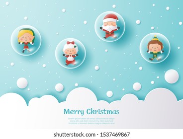 Santa and his friend in bubbles,Merry christmas and happy new year,Origami paper art