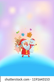 Santa and his friends dancing among glowing lights. Christmas card. Flat vector illustration. Vertical.