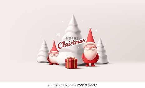 Santa and his helper stand near a gift and a background of white Christmas trees. Banner for advertising the celebration of Merry Christmas and Happy Holidays. Vector illustration.