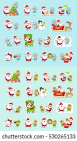 Santa and his helpers big set. Santa Claus, reindeer, snow maiden, ice princess, elf. Father Christmas daily activities stickers. Winter fun with Santa and his friends. Cartoon characters. Vector