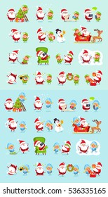 Santa and his helpers big set. Father Christmas daily activities stickers. Winter fun with Santa and his friends. Cartoon characters. Vector