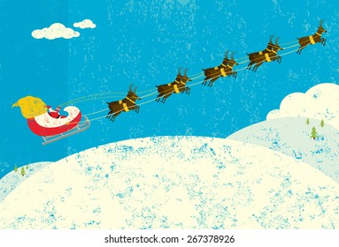 Santa and his Reindeer, 
Santa Claus flying in his sleigh being pulled by his reindeer. Santa & the reindeer and the background are on separate labeled layers.