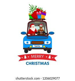 Santa with his reindeer driving a car through. Modern Typography design for decoration Christmas card poster template Holiday Greeting invitation.