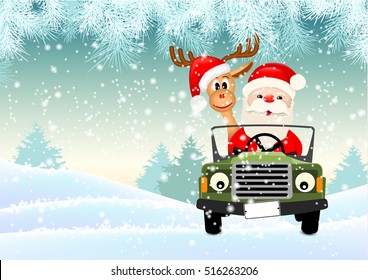Santa with his reindeer driving a car through winter landscape, vector illustration, eps 10 with transparency and gradient meshes