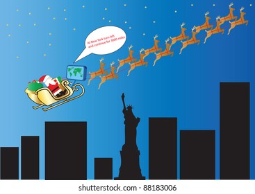 Santa and his Reindeer following Satellite Navigation over New York and the Statue of Liberty suitable for Gift Wrap or Greeting Card