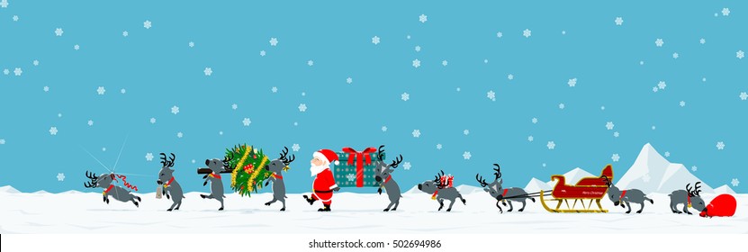 Santa and his reindeer are walking among falling snow
