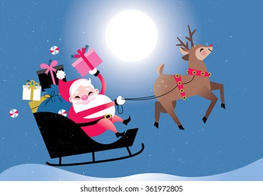 Santa in his sled delivering presents