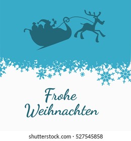 Santa with his sledge on a blue sky with snow background and the German words Merry Christmas