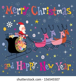 Santa and his sleigh flying Merry Christmas and Happy New Year Greeting card
