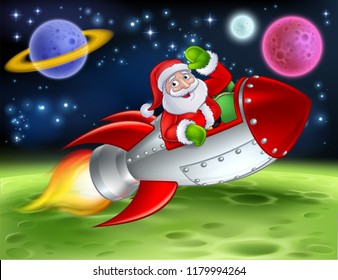 Santa in his space rocket sleigh flying over an alien sci fi landscape and waving Christmas cartoon illustration