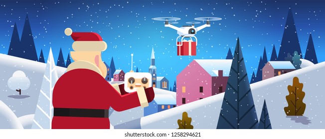 santa hold controller drone delivery service over night winter village houses mountains hills landscape snowfall background horizontal flat