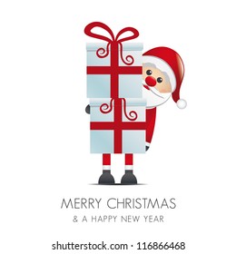 santa hold gift boxes with red ribbon