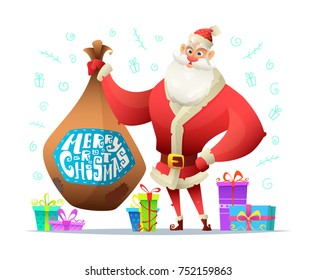 Santa holding a bag with gifts. Merry Christmas greeting card. Character design illustration