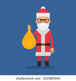 Santa holding bag with gifts and smiling. Flat people. Vector Illustration