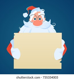 Santa holding a big empty sheet of paper Color vector illustration