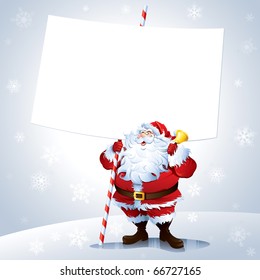 Santa holding a blank sign with snowing background.