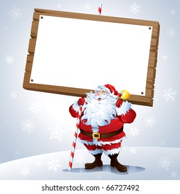 Santa holding a blank sign with snowing background.