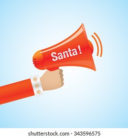 Santa holding a bullhorn with SANTA sign.