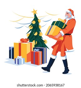 Santa holding and carrying some christmas gifts. Big choice of holiday gifts. Christmas tree and decoration. Flat cartoon vector illustration on white background