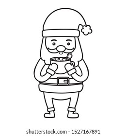 santa holding chocolate cup with marshmallow candy cane merry christmas vector illustration line style