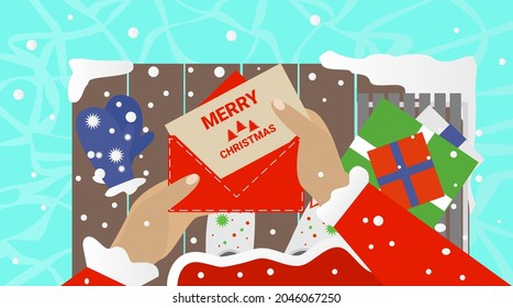 Santa holding Christmas greeting card vector illustration. Festive banner. Present boxes, Ice holiday poster.