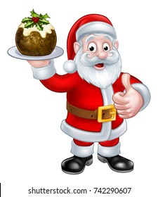 Santa holding a Christmas Pudding and doing a thumbs up