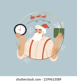 Santa is holding a clock and a box with a gift. The concept of timely delivery. Happy New Year, Merry Christmas. Daily routine of Santa Claus before Christmas. Flat style in vector illustration.