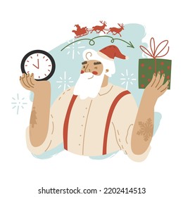 Santa está sosteniendo un reloj y una caja con un regalo. El concepto de entrega puntual. Feliz Año Nuevo, Feliz Navidad. Rutina diaria de Santa Claus antes de Navidad. Estilo plano en ilustración vectorial.
