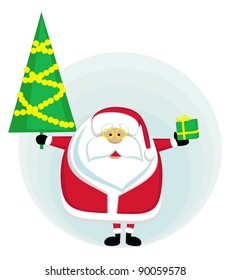 Santa holding Cristmas tree and present. Vector illustration