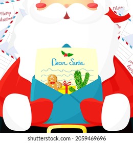 Santa holding an envelope with letter and Christmas toys. Vector illustration flat.