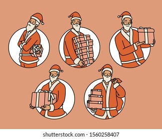 Santa is holding gift boxes of various sizes in a circular frame. hand drawn style vector design illustrations. 