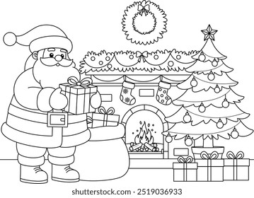 Santa Holding Gift With Christmas Fireplace And Christmas Tree Outline Coloring Page