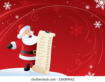 Santa holding his list of good kiddies with a red and white swirly background.