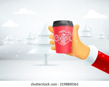 Santa holding hot drink with Christmas greetings. 3d style vector banner with copy space