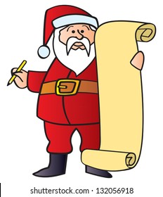 Santa holding a pencil and a blank Christmas list.