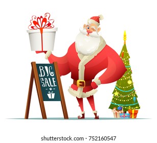 Santa holding a present in his hand. Nearby stand big sale sign and a Christmas tree. Santa Claus character design