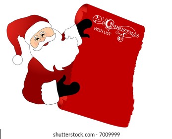 santa holding scroll with filigree  and words "Christmas wish list"