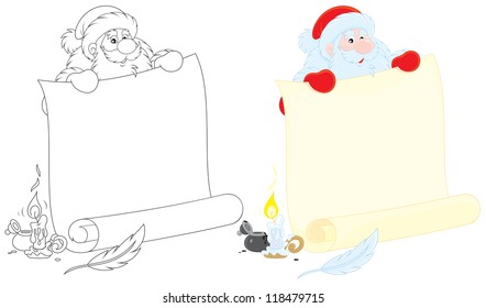 Santa holding a scroll of paper for holiday ad