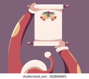 Santa holding scroll paper vector cartoon illustration isolated on background.