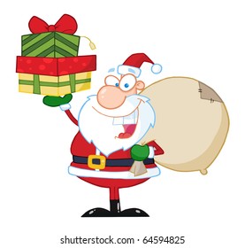 Santa Holding Up A Stack Of Gifts