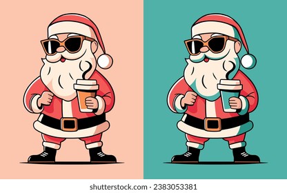 Santa holding takeaway coffee cup illustration. Cute and funny Santa Claus. Holiday season aesthetic drawing for coffee lovers, barista, coffee shops. Minimalist flat design vector for print products.