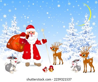 Santa holds a bag with gifts, against the backdrop of a winter snowy forest. Near deer, hares, and birds. Christmas night. Winter landscape, forest, snow, snowflakes.