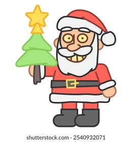 Santa holds Christmas tree and smiles. Vector Illustration