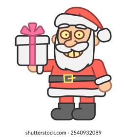 Santa holds gift box and smiles. Vector Illustration