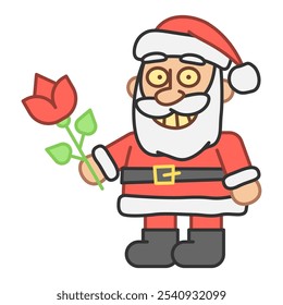 Santa holds rose and smiles. Vector Illustration