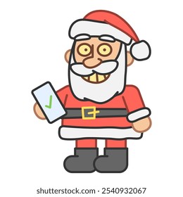 Santa holds smartphone and smiles. Vector Illustration